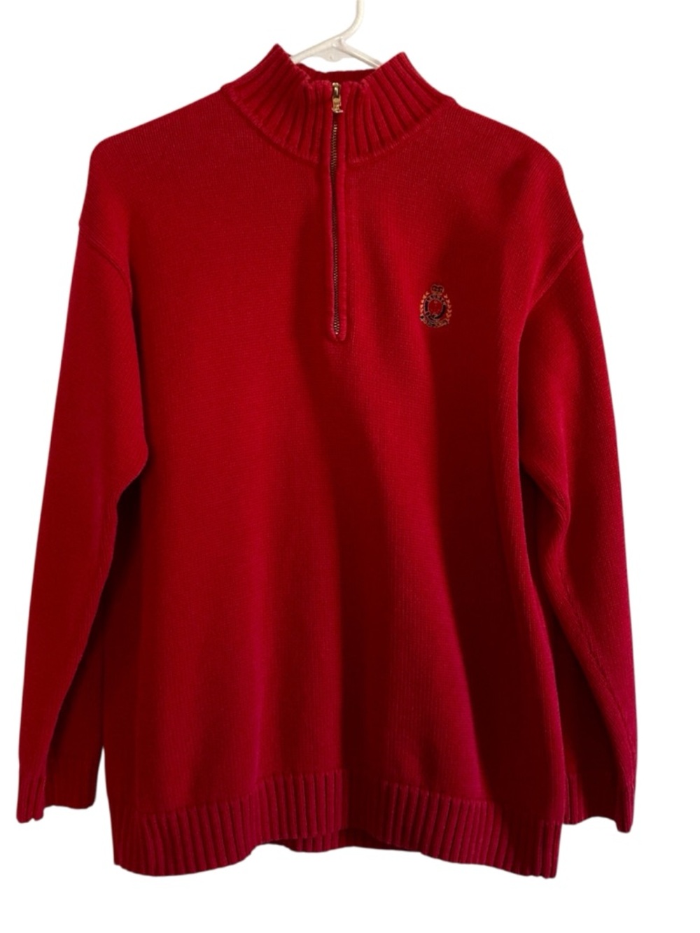 Lauren Ralph Lauren Red Quarter Zip Sweater Crest Logo Knit Women’s L XL